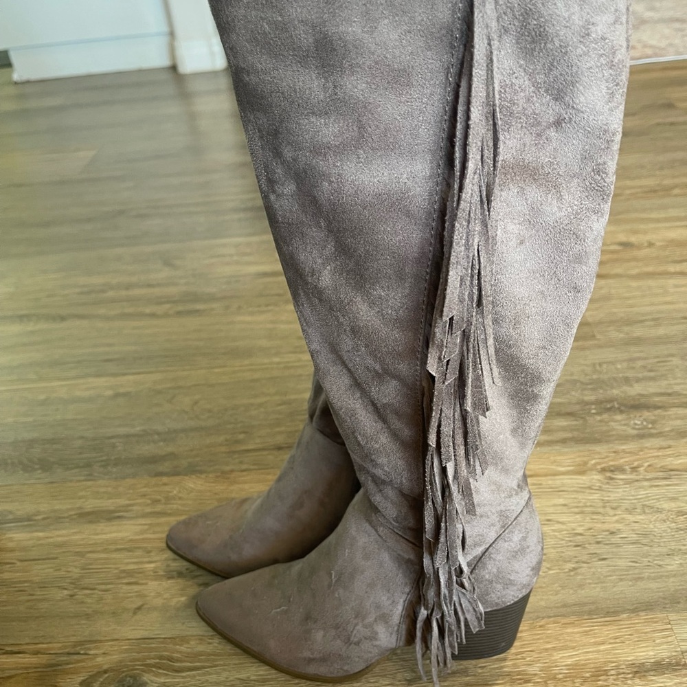 JustFab tall grey fringe “camela” boots!